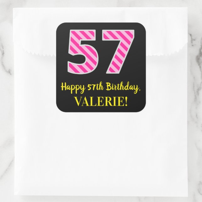 Sticker Carré Fun Pink Stripes “57”: Happy 57th Birthday + Name (Sac)