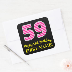 Sticker Carré Fun Pink Stripes "59" : Joyeux 59ème anniversaire