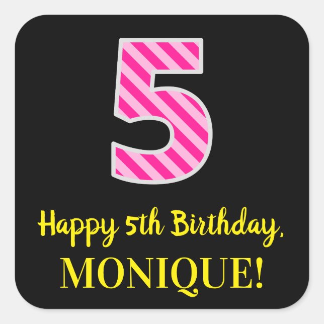 Sticker Carré Fun Pink Stripes "5" : Joyeux 5ème anniversaire +  (Devant)
