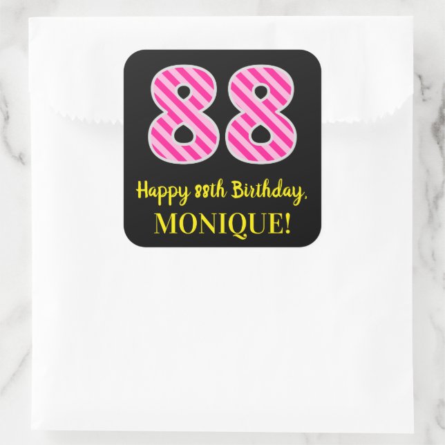 Sticker Carré Fun Pink Stripes "88" : Joyeux 88ème anniversaire  (Sac)