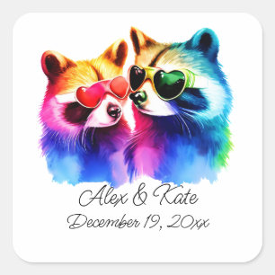 Sticker Carré Fun Raccoon Couple Mariage romantique