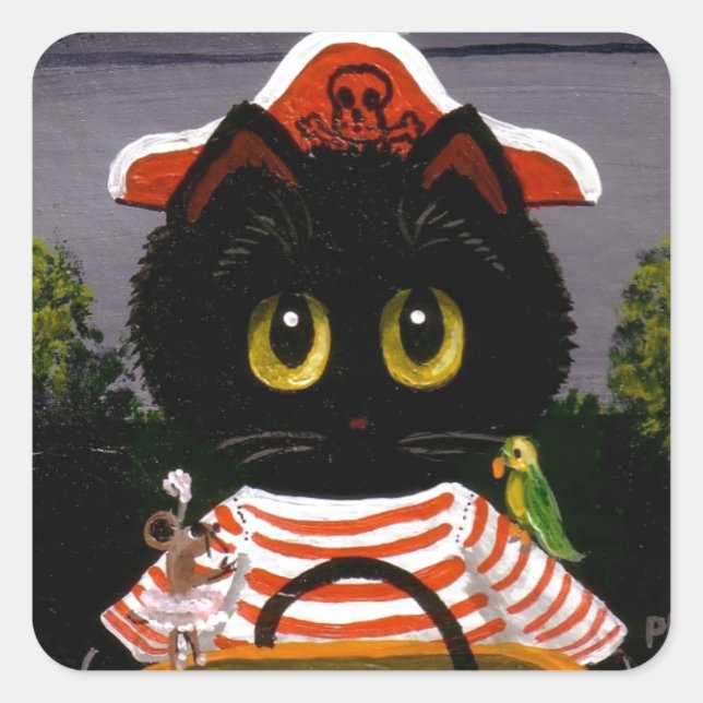 Sticker Carré Funky Black Cat Pirate Créationarts Lisa Adams (Devant)