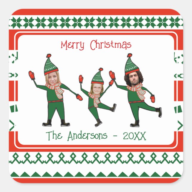 Sticker Carré Funky Elf Family Photo Red Green Joyeux Noël (Devant)