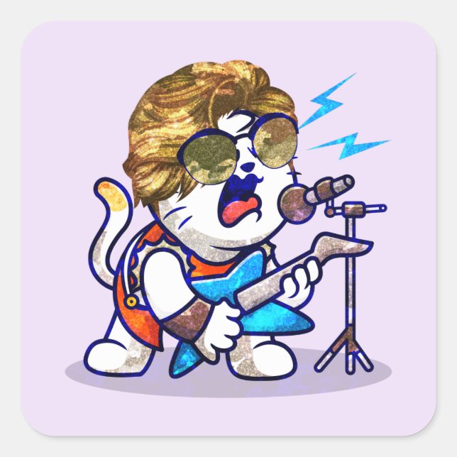 Sticker Carré Funky Rockstar Cat - Musique Cool Lover Kitty (Devant)