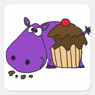 Sticker Carré Funky Violet Hippo Manger Cupcake