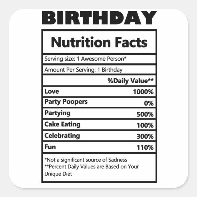 Sticker Carré Funny Birthday Nutrition Facts (Devant)