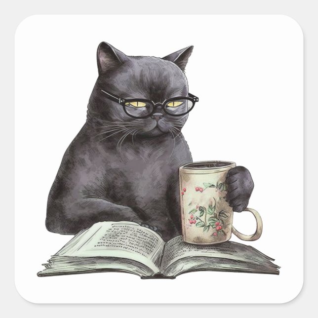 Sticker Carré Funny Black Cat Book Lover Bookworm Coffee Lecture (Devant)