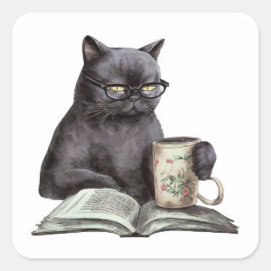 Sticker Carré Funny Black Cat Book Lover Bookworm Coffee Lecture