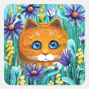 Sticker Carré Funny Cat Art Orange Tabby Fleurs Créationarts