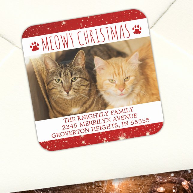 Sticker Carré Funny Cat MEOWY CHRISTMAS Photo Rouge Retour Adres (Créateur téléchargé)