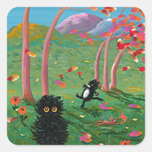 Sticker Carré Funny Chat Fall Feuilles de dessin Créationarts