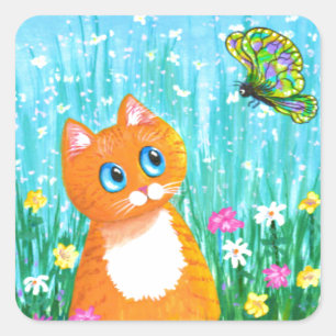 Sticker Carré Funny Chat Orange Tabby Butterfly Été