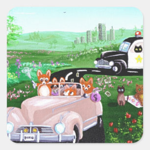 Sticker Carré Funny Chien Chat Art Corgi Police Police Voiture C