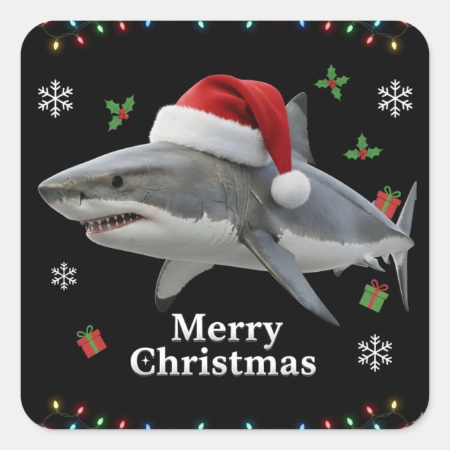 Sticker Carré Funny Christmas Shark Santa Hat Realistic Holiday (Devant)