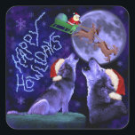 Sticker Carré Funny Christmas Wolf Pun Happy Howlidays Humour<br><div class="desc">Rien ne dit "Noël" comme deux loups hurlants hurlant sur la lune en portant des casquettes du Père Noël, ce qui est exactement ce que vous trouverez sur ce drôle de design de vacances. Pendant que le Père Noël monte sa traîne devant la pleine lune, les loups hurlent sur lui....</div>