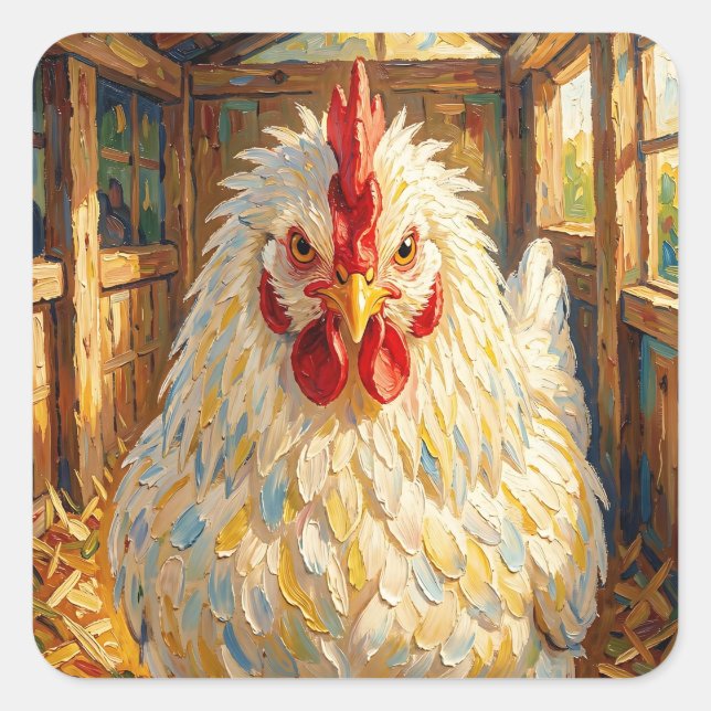 Sticker Carré Funny Close Up of Impasto Chicken that looks Mad (Devant)