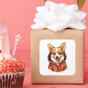 Sticker Carré Funny Corgi portant le Sweat - shirt à capuche