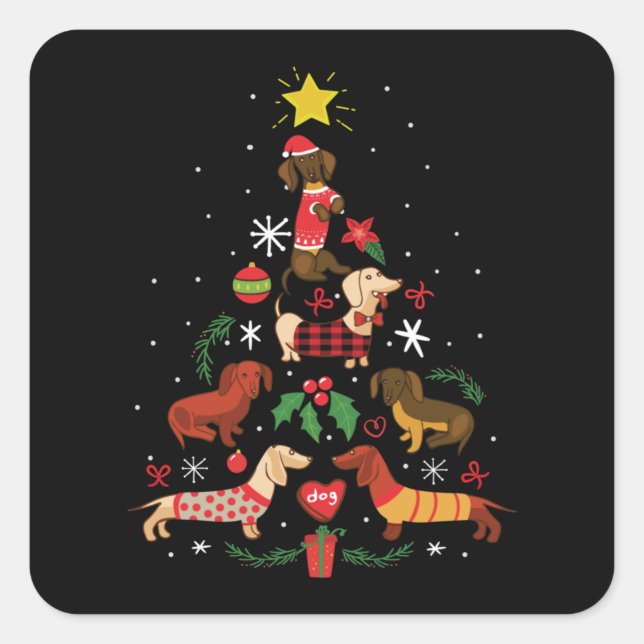 Sticker Carré Funny Dachshund sapin de Noël (Devant)