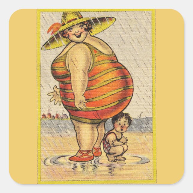 Sticker Carré Funny Fat Lady sur la plage (Devant)
