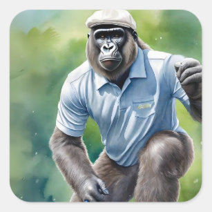 Sticker Carré Funny Gorilla dans Tan Casquette Chemise Bleue Jou