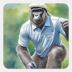 Sticker Carré Funny Gorilla dans Tan Casquette Chemise Bleue Jou