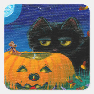 Sticker Carré Funny Halloween Chat Automne Souris Art Créationar