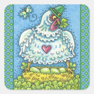 STICKER CARRÉ FUNNY IRISH HEN, OEUFS VERTS ET SHAMROCK CUIT