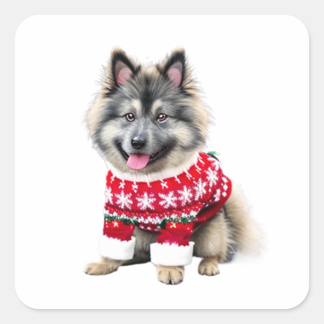 Sticker Carré Funny Keeshond dans le pull de Noël (Devant)