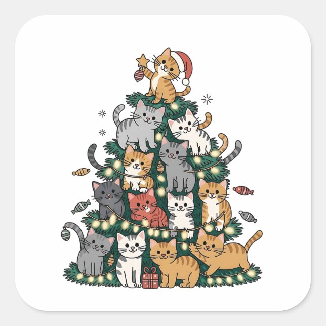 Sticker Carré Funny Kitten Christmas Tree Chat Animal de compagn (Devant)