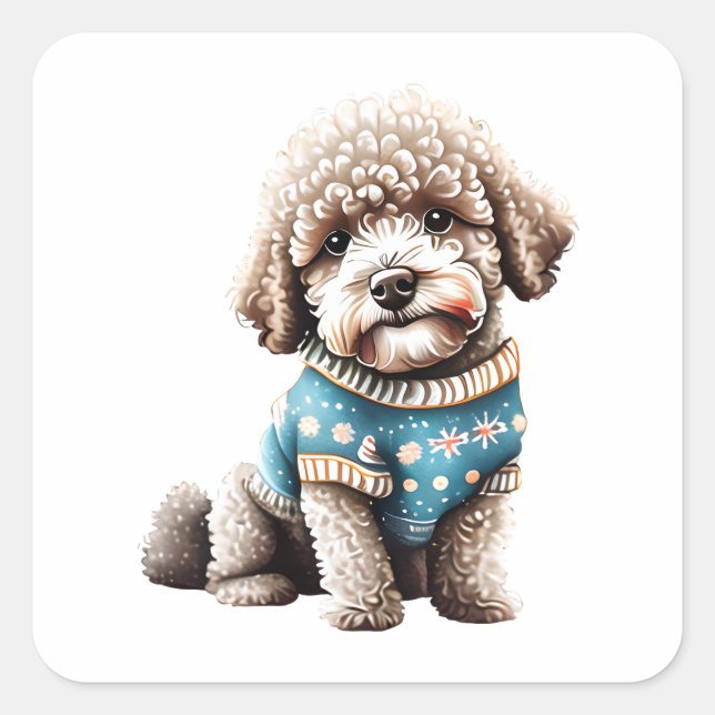 Sticker Carré Funny Lagotto Romagnolo dans le pull de Noël (Devant)