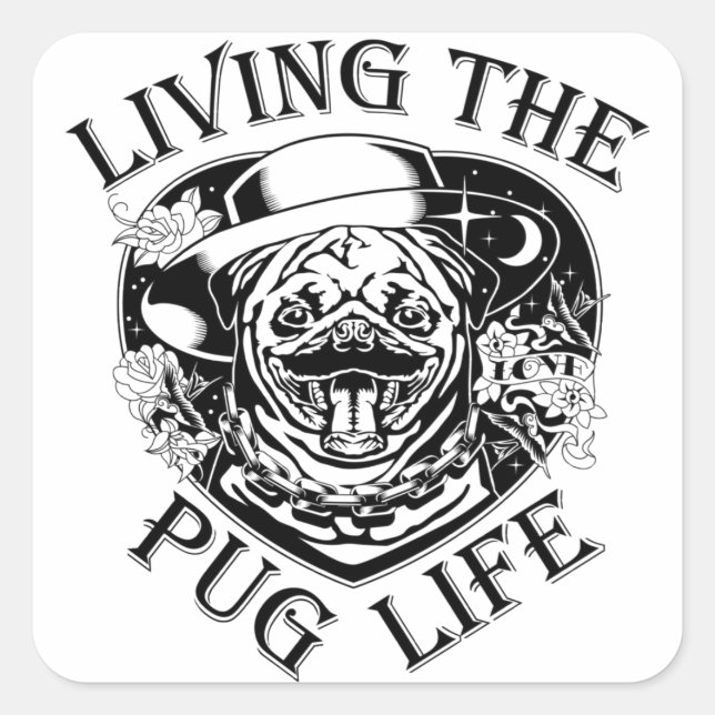 Sticker Carré Funny Living The Pug Life Vintage (Devant)