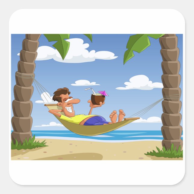 Sticker Carré Funny Man Relaxing in Beach Hammock (Devant)