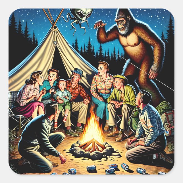 Sticker Carré Funny Retro Campfire Stories | Bigfoot (Devant)