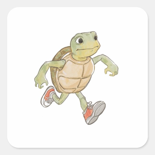 Sticker Carré Funny Running Turtle Sticker, Cartoon Animal Decal (Devant)
