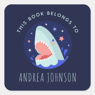 Sticker Carré Funny Shark & Stars Navy Blue Nautical Bookplate