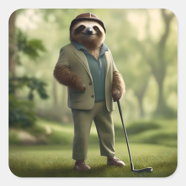 Sticker Carré Funny Sloth Golf Player, (Devant)