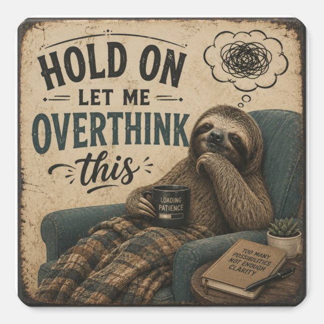 Sticker Carré Funny Sloth Hold On Let Me Overthink This | Rustic (Devant)