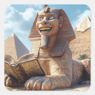 Sticker Carré Funny Sphinx Statue Lecture Ancien Livre en Egypte