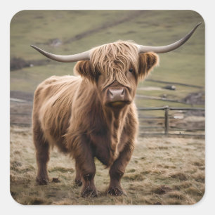 Sticker Carré **"Furry Majesty : The Woolly Brown Highland Cow"*