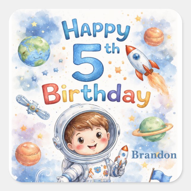 Sticker Carré Fusée spatiale anniversaire Espace Planètes Garçon (Devant)