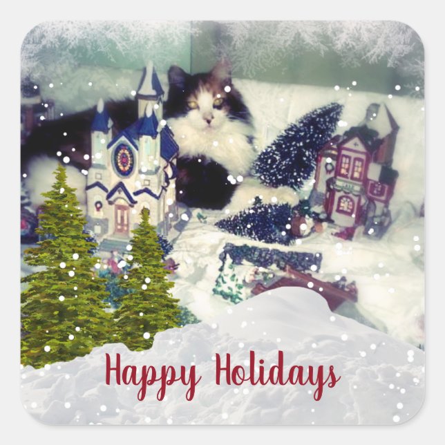 Sticker Carré Gabarit de chat calico de Noël drôle (Devant)