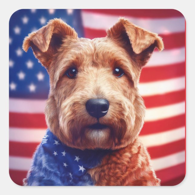 Sticker Carré Gallois Terrier Avec Drapeau Américain Et Bandana (Devant)