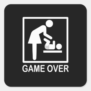 Sticker Carré Game Over Mom Funny Black and White Pictogram