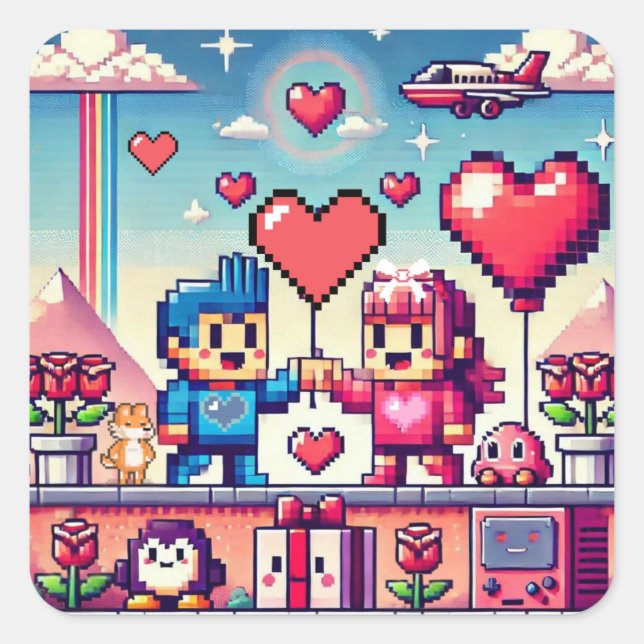 Sticker Carré Gamer 8 bit Valentine's Day (Devant)