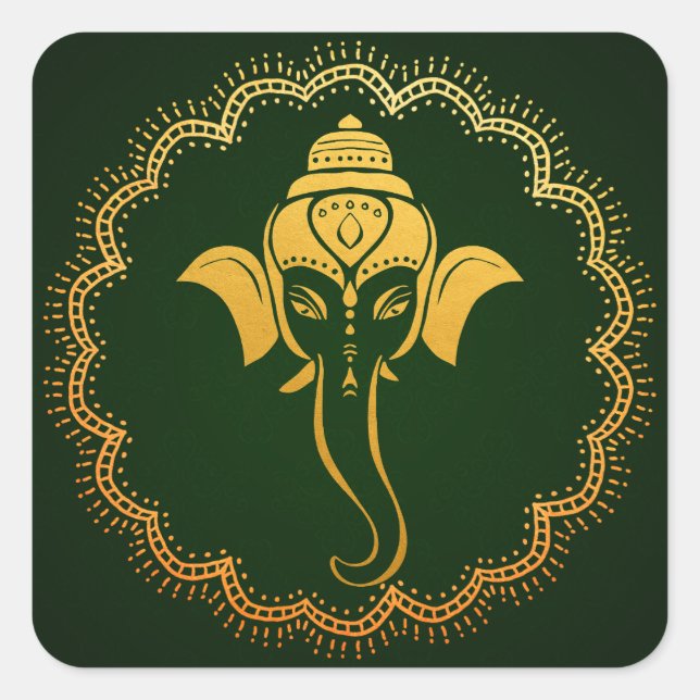 Sticker Carré Ganesh de fête doré | Mariage indien vert (Devant)