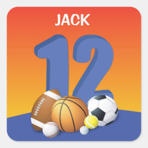 Sticker Carré Garçon 12e anniversaire des balles de sport