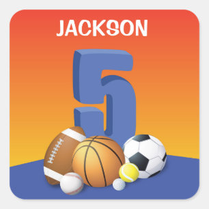 Sticker Carré Garçon 5e anniversaire Sports Balls