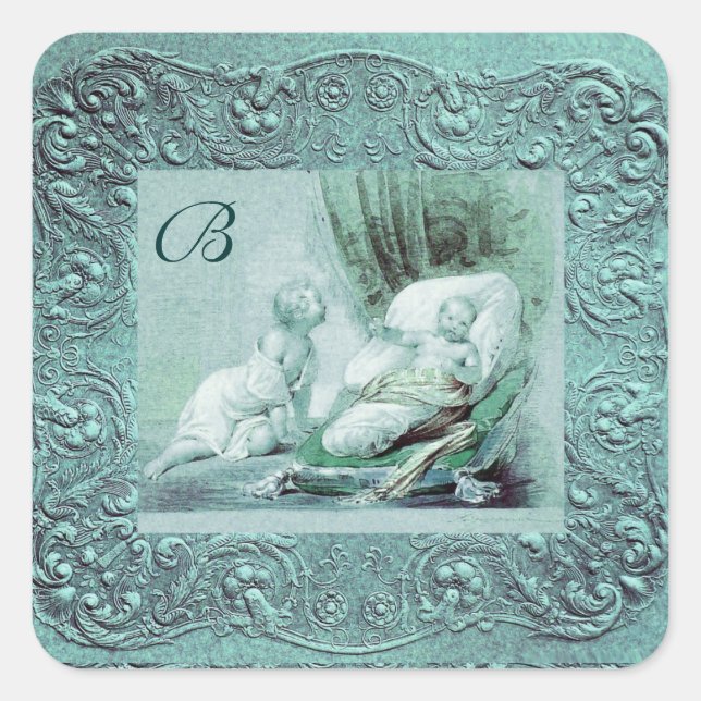 STICKER CARRÉ GARÇON BABY SHOWER ANTIQUE BLEU FLORAL MONOGRAM (Devant)