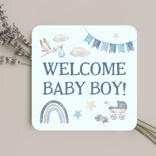 Sticker Carré Garçon Bleu Bienvenue Bébé Chouette Cigogne Aquare
