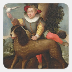 Sticker Carré Garçon et chien, ` Bibius Vincit